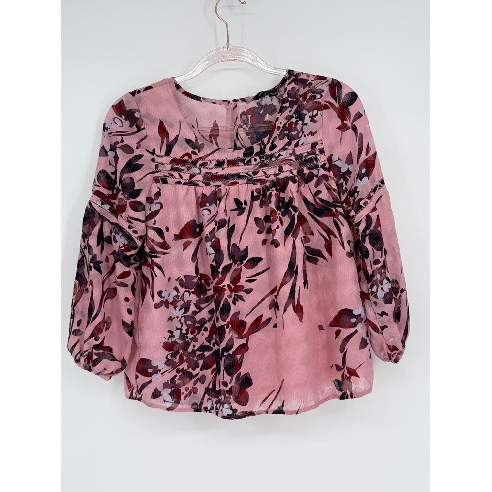 Zac‎ and Rachel Floral Print Blouse Pink Burgundy Sz PM Long Sleeve Womens Top